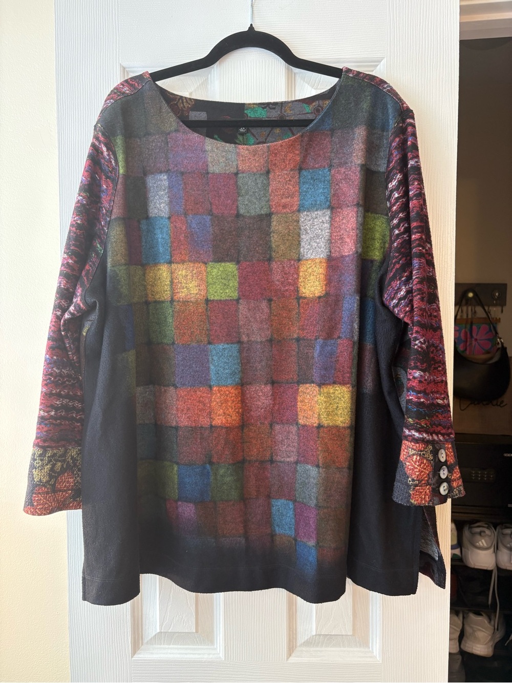 John Mark Multicolor Patchwork Knit Pullover with Patterned Sleeves